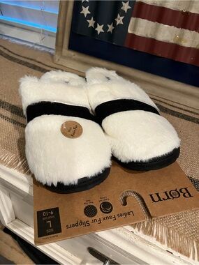 Born White Faux Fur Slide Slippers with Black Accent